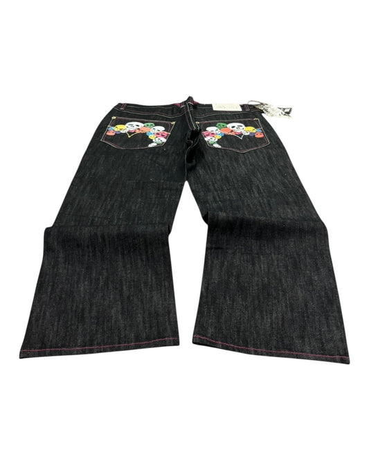 DS Y2K Baggy Delf Multi Color Skull Print Back Pocket Jeans