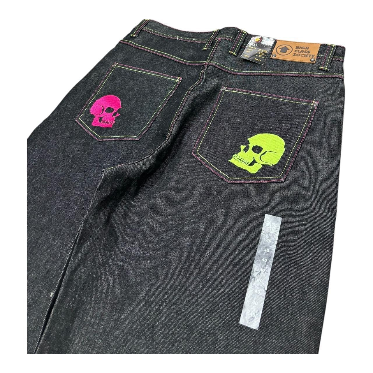 DS Y2K High Class Society Baggy Jorts with embroidered skulls