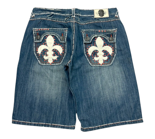 DS Y2K Laguna Beach Jean Co Handmade and Hand Stitched Baggy Jorts with Swavorski Crystals and Back Pocket Crosses