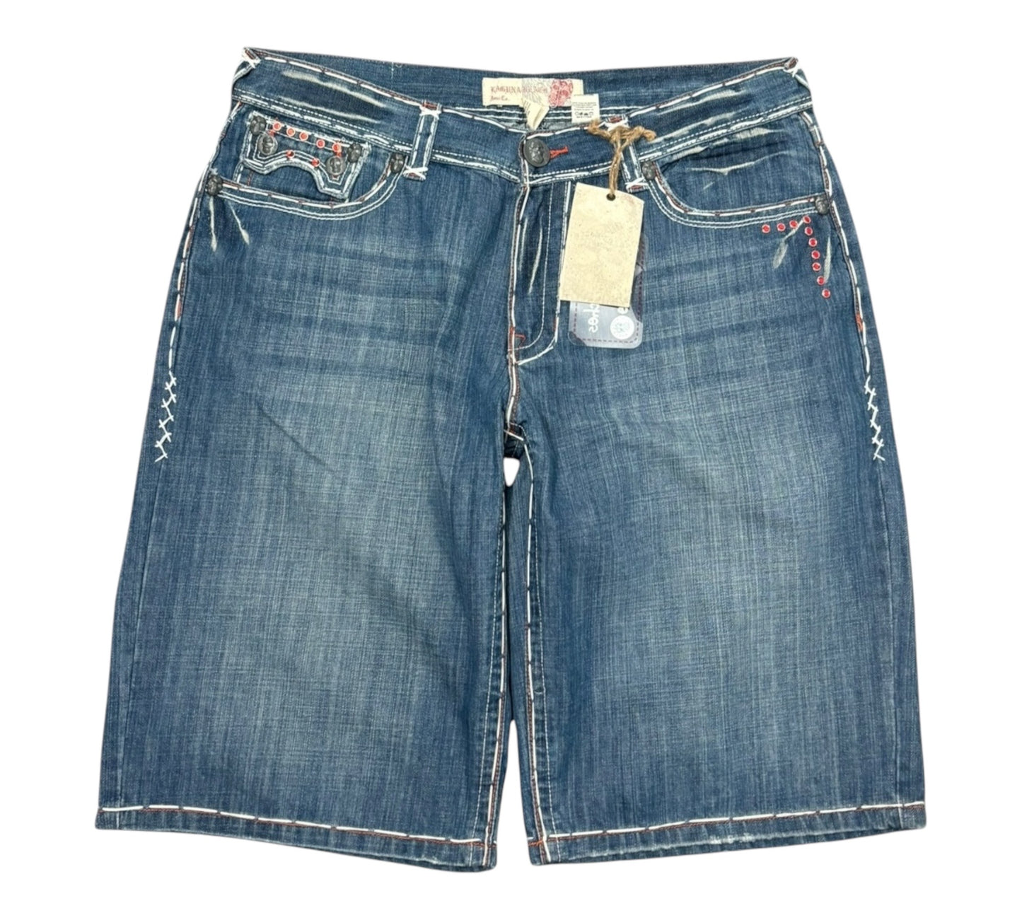 DS Y2K Laguna Beach Jean Co Handmade and Hand Stitched Baggy Jorts with Swavorski Crystals and Back Pocket Crosses