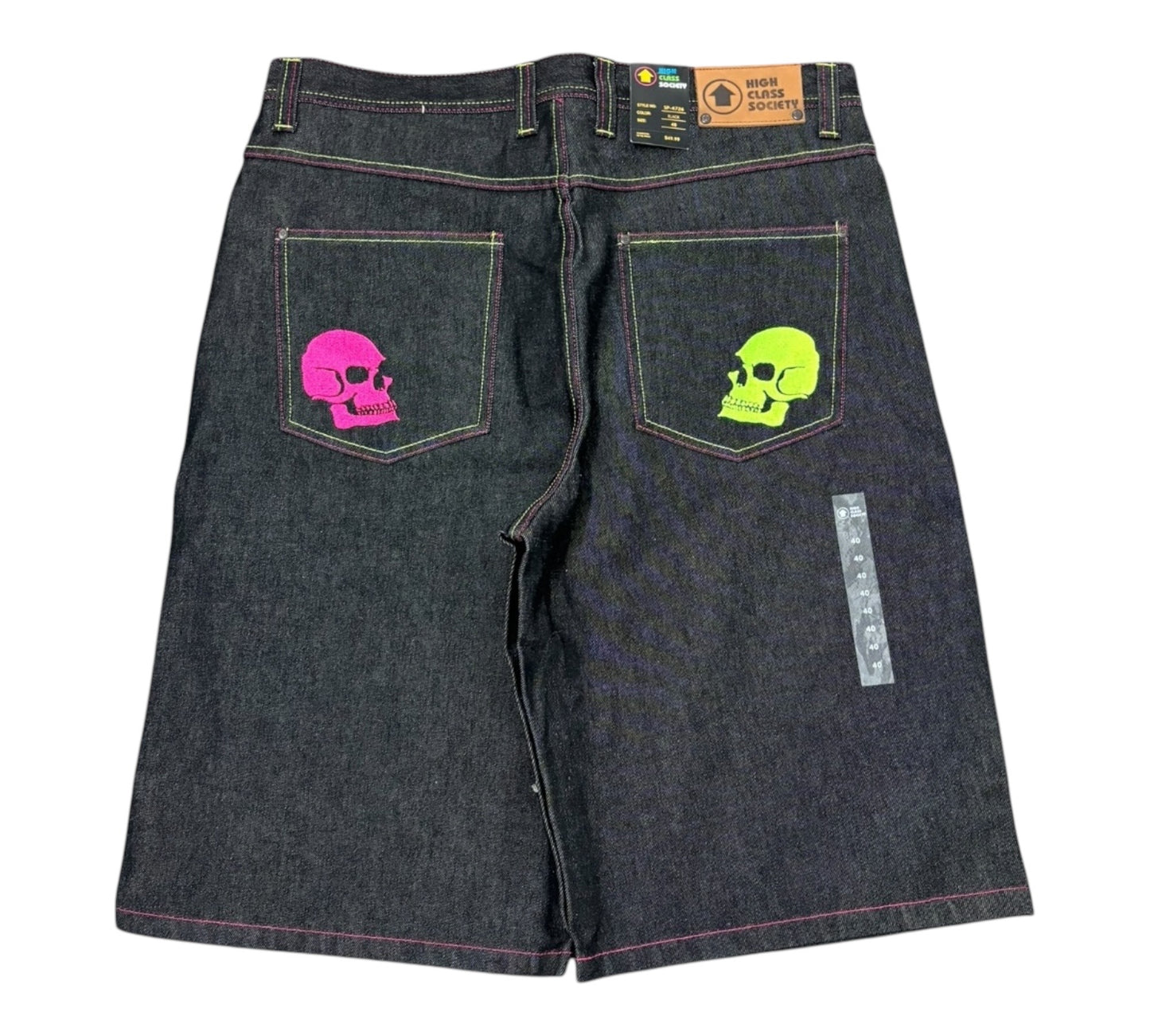 DS Y2K High Class Society Baggy Jorts with embroidered skulls