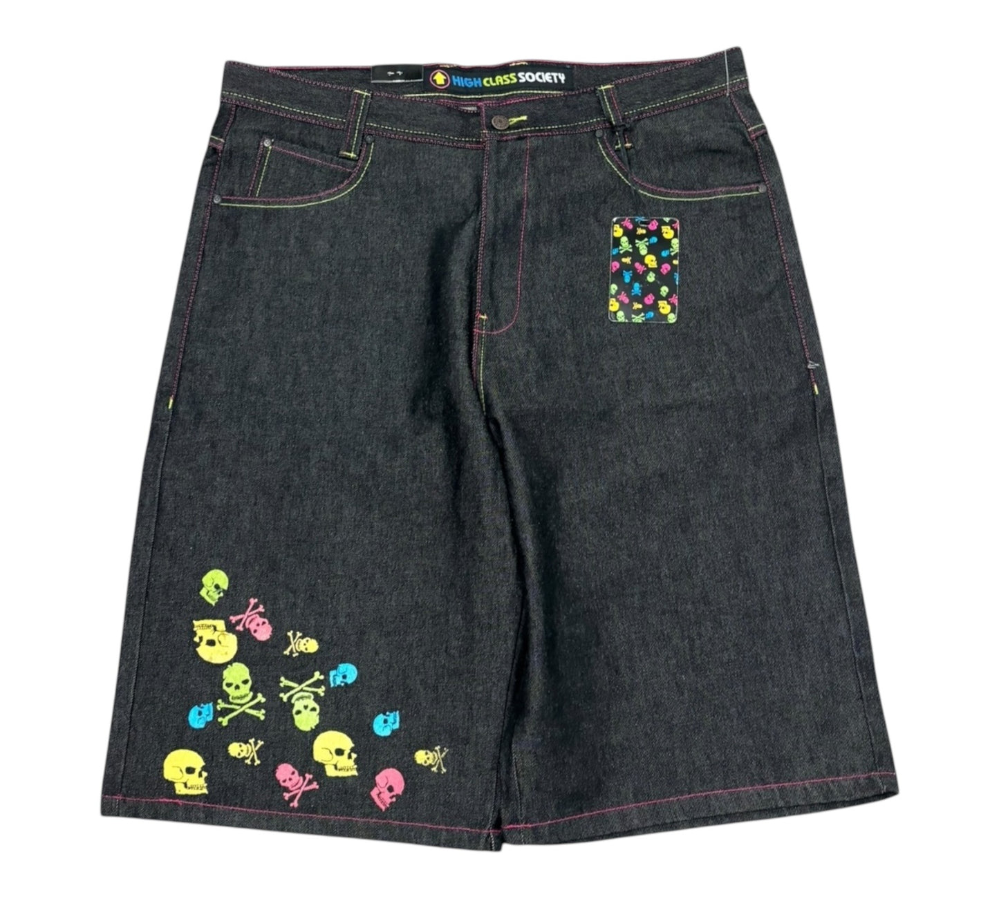 DS Y2K High Class Society Baggy Jorts with embroidered skulls