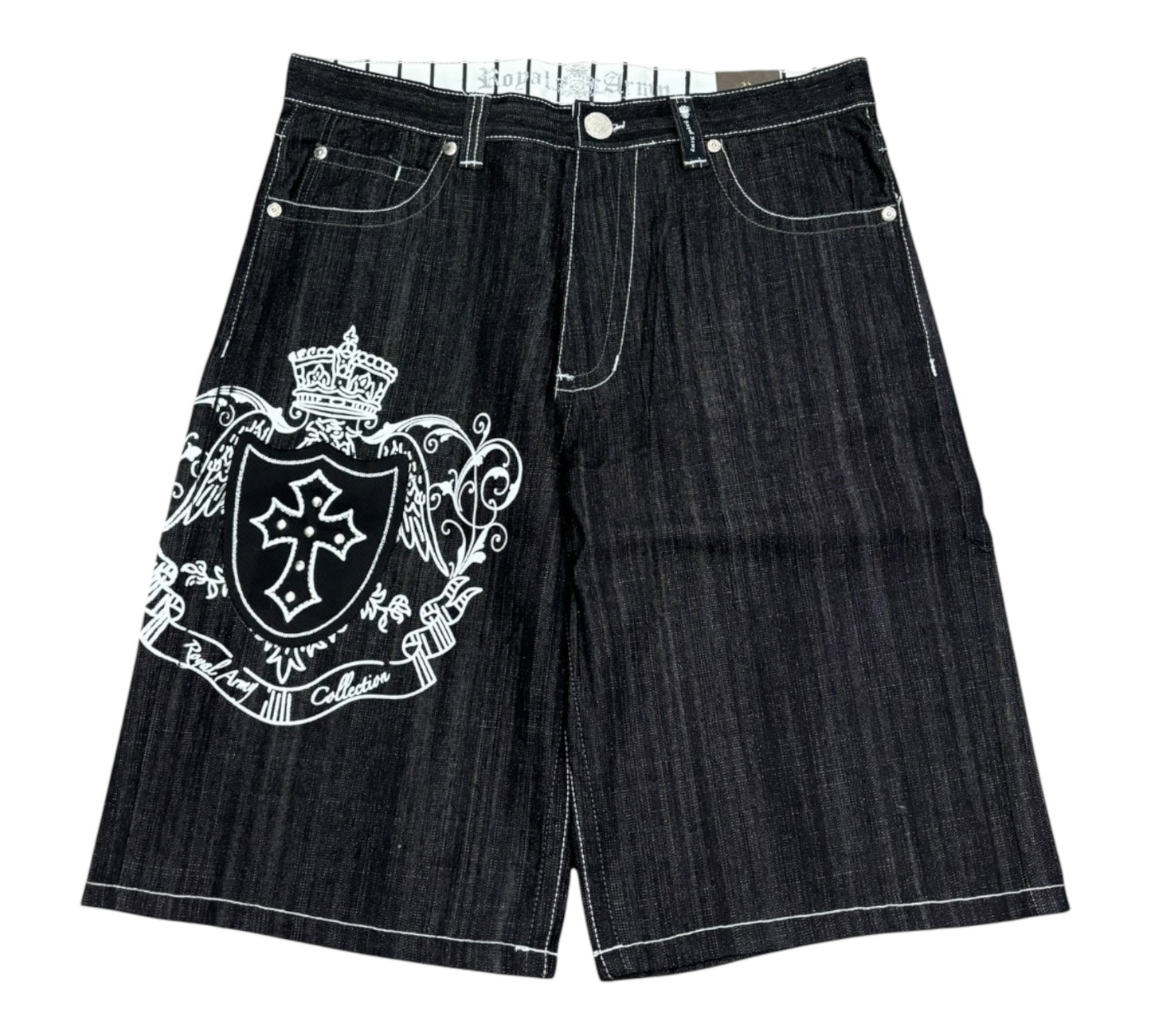 DS Y2K Baggy Jorts with AOP designs including detailed back pockets