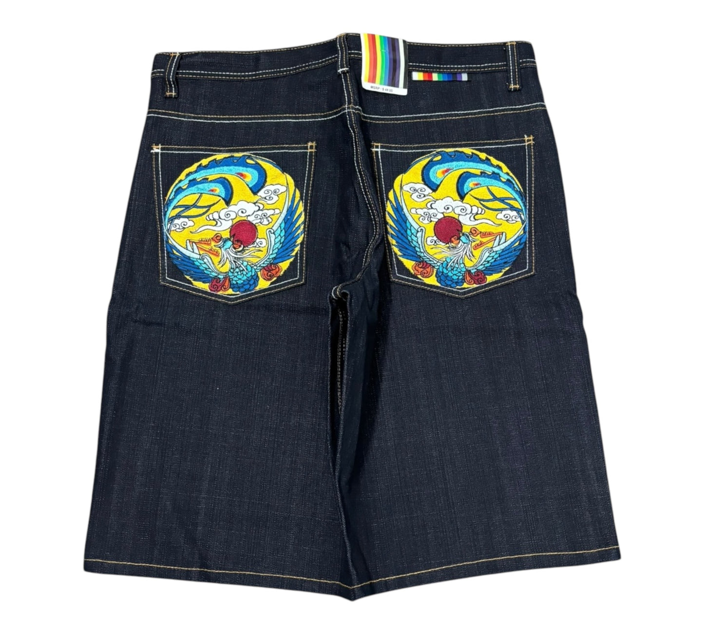 DS Y2K Baggy Jorts in a Raw Blue Wash with Detailed Embroidered Back Pockets *Asian Art