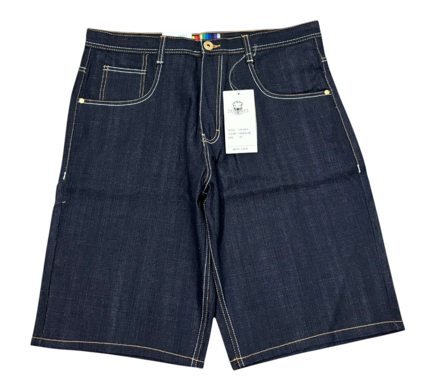 DS Y2K Baggy Jorts in a Raw Blue Wash with Detailed Embroidered Back Pockets *Asian Art