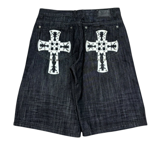 DS Y2K Baggy Victorious Raw Denim Like Jorts with Back Pocket Crosses