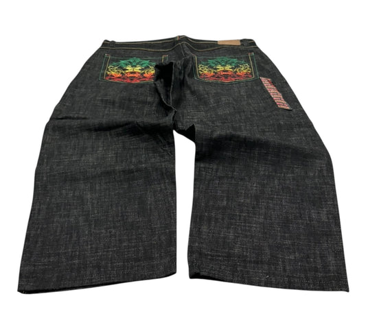 Baggy DS Y2K Rasta Style Embroidered Raw Denim Jeans *back pocket designs